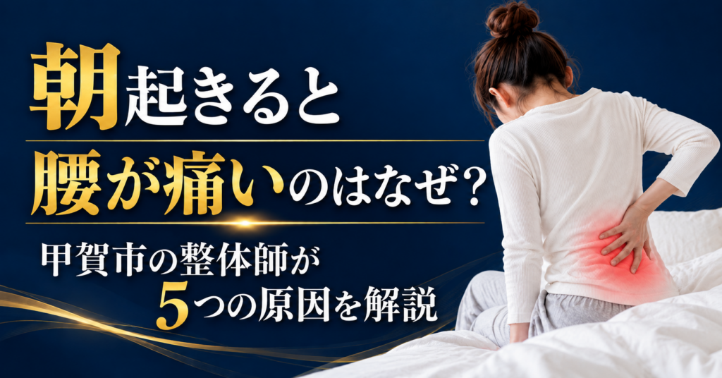 朝起きると腰が痛い原因を甲賀市の整体師が5つに分けて解説するブログのアイキャッチ画像