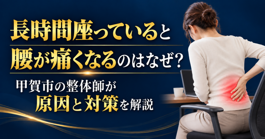 長時間座っていると腰が痛くなる原因と対策を甲賀市の整体師が解説するブログのアイキャッチ画像
