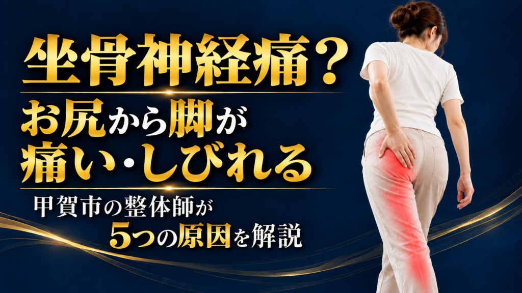 坐骨神経痛によるお尻から脚の痛みやしびれの原因を甲賀市の整体師が5つ解説するブログのアイキャッチ画像