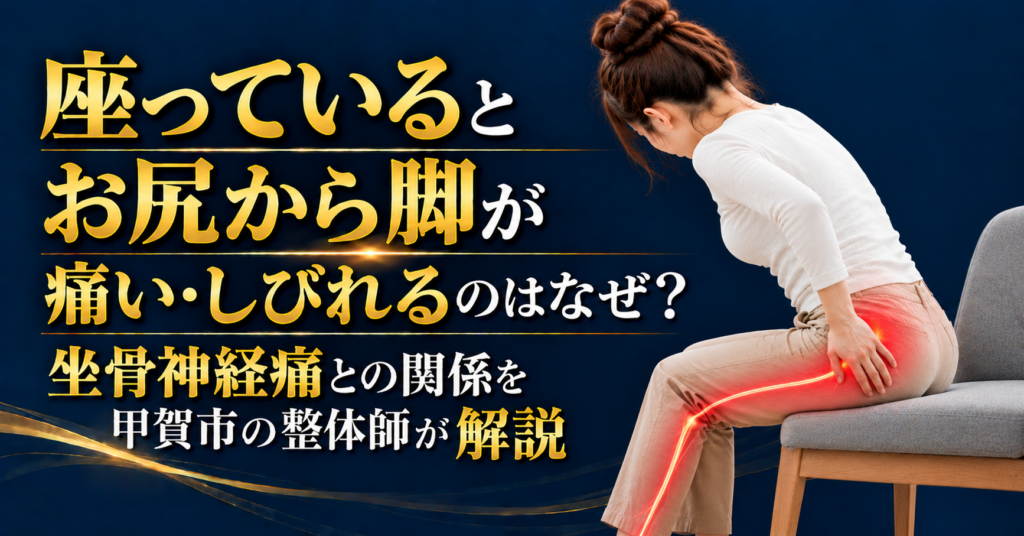 座っているとお尻から脚が痛い・しびれる原因と坐骨神経痛との関係を甲賀市の整体師が解説するブログのアイキャッチ画像